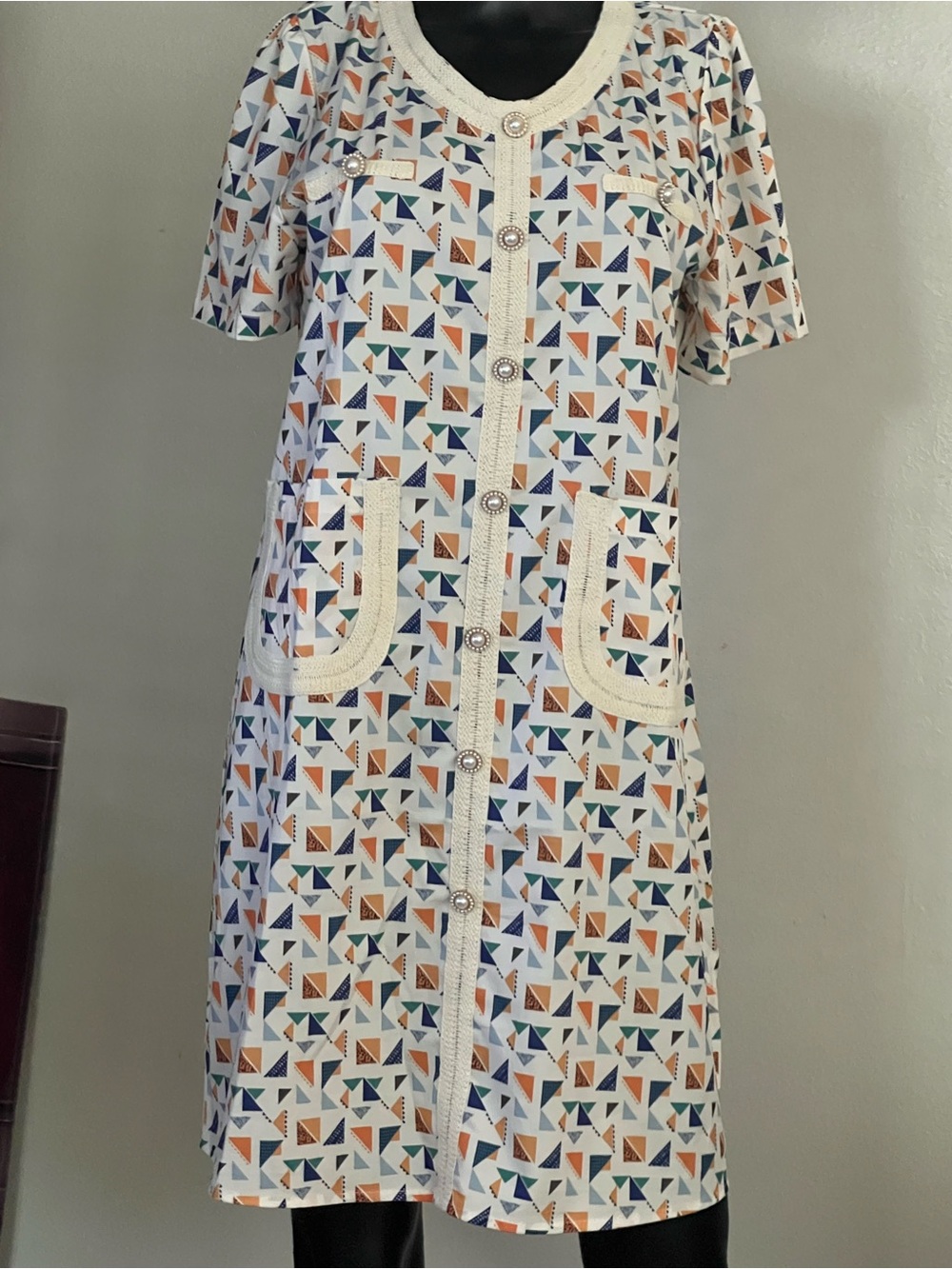 Geometric Print VNT Look Housedress W/ Pearl Button Detail XL